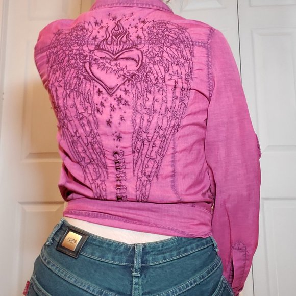 Y2K Grunge winged heart fire embroidered button-up